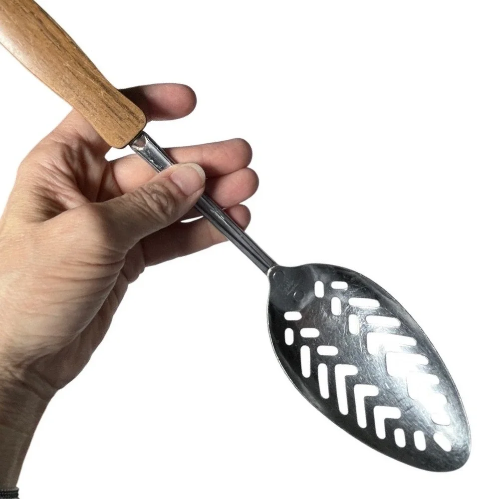 Vintage EKCO USA Slotted Spoon‎ Stainless Steel 2-Tone Wood Black Handle MCM